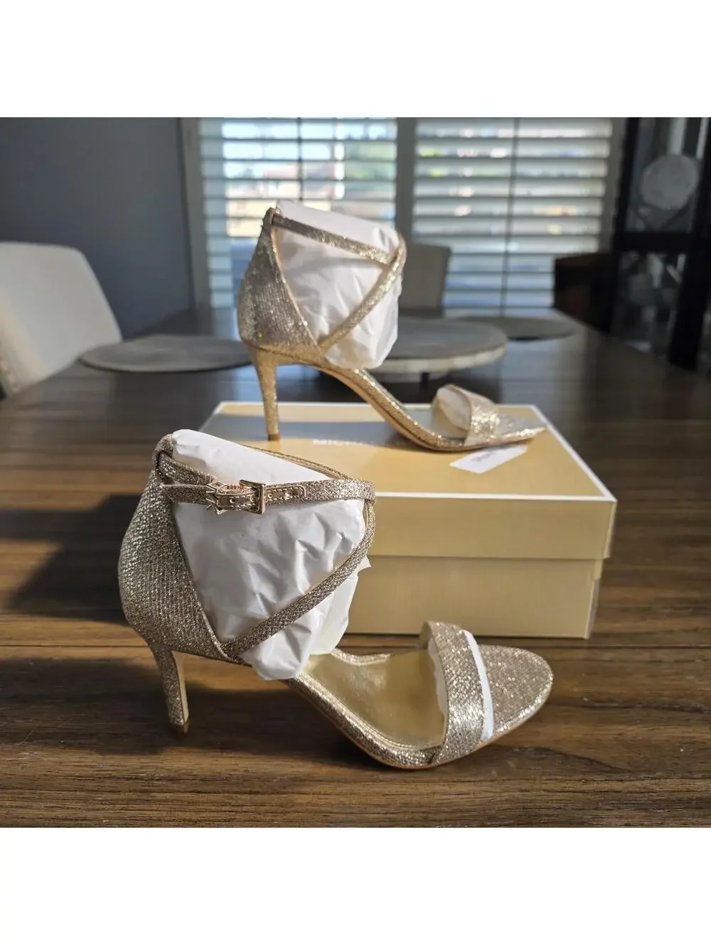 Michael Michael Kors Ava Mid Sandal Glitter Heels Silver/Sand Women’s Sz 8 NIB